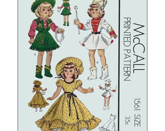 May include: A vintage sewing pattern for doll clothes. The pattern is for a 14-inch doll and includes four different outfits: a cowgirl outfit, a marching band uniform, a yellow polka dot dress, and a white dress. The pattern is printed on paper and includes instructions for sewing the clothes.
