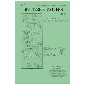 Può includere: Un modello di cucito vintage per una bambola di 50 cm, con un cappotto, un cappello, un vestito, un vestito con grembiule, un pigiama e un grembiule. Il modello si chiama "Patsy Doll" ed è di Butterick Pattern 443.