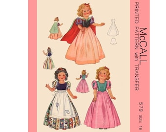 May include: A vintage McCall's sewing pattern for a Snow White doll outfit. The pattern includes a dress, cape, and apron. The pattern is printed on paper and includes a transfer. The pattern number is 579 and the size is 16.
