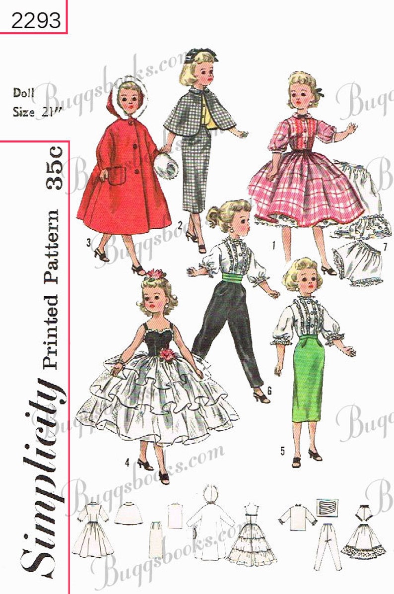 Puede incluir: Un patr&oacute;n de costura vintage Simplicity para ropa de mu&ntilde;eca, n&uacute;mero de patr&oacute;n 2293, talla 53 cm. El patr&oacute;n incluye un abrigo rojo, una falda a cuadros, una blusa blanca, una falda negra, una falda verde y un vestido blanco con volantes.