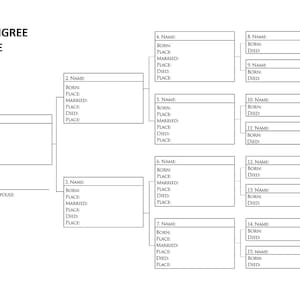 May include: A blank pedigree tree chart with labeled sections for names, birth, marriage, and death details. The chart is designed to document family history and lineage, with space for 15 family members.