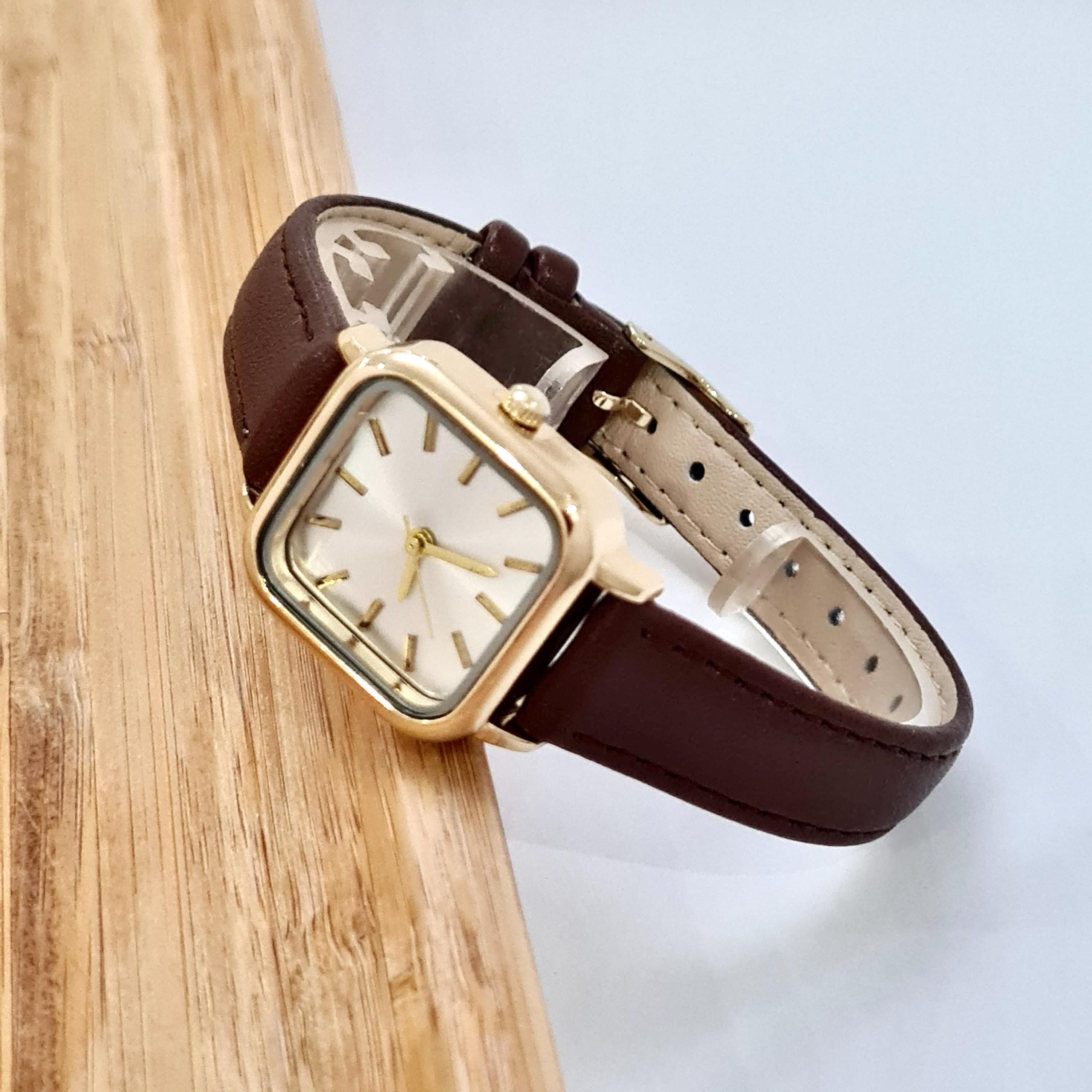 Gold Colour Women Wrist Watch, Leather Band, Square Design, White Dial — free download