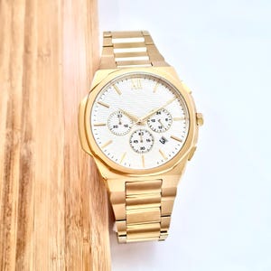 Unisex Gold Wrist Watch, White Dial, Gold Stick Indexes, Watch With Date, All Stainless Steel, Adjustable, Watch With Chronometre,
