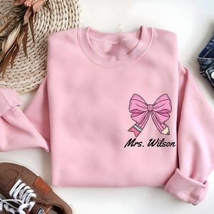 Teacher Coquette Bow Sweatshirt, Custom Teacher Shirt, Cute Teacher Christmas Shirt, Teacher Appreciation Gift, Teacher Personalized Gift