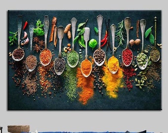 May include: A close-up of a variety of spices arranged in spoons on a dark blue background. The spoons are filled with different spices, including turmeric, cumin, paprika, and coriander. The spices are arranged in a row, with the spoons overlapping slightly. The background is a dark blue, and the image is lit from above.