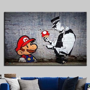 Super Mario, Super Mario Banksy, Banksy Canvas Art, Banksy Wall Art, Graffiti Canvas, Street Art, Decoración de sala de juegos, Super Mario Canvas,