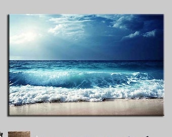 Panoramic Canvas, Splashing Big Azure Wave. Turquoise Swash, Ocean