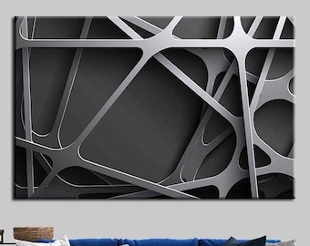 May include: Abstract wall art featuring a silver metallic design with a geometric pattern of intersecting lines and shapes on a dark gray background.