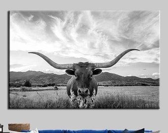 Toile vache Texas Longhorn : décoration de salon de ferme