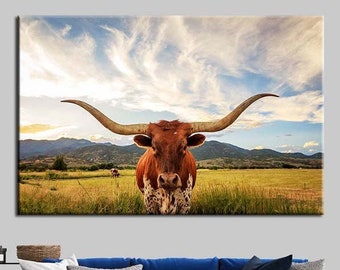 Texas Longhorn Cow Canvas Art: Extra Large Farmhouse Print, Ready To Hang