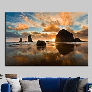 Haystack Rock Canvas Print: Sunset Seascape Wall Art