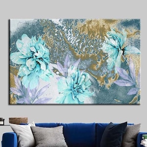 Watercolor Peony Printing,Minimalist Wall Decor,Peony Glass Printed,Botanical Artwork,Extra Large Prints,Blue Flower Art,Living Room Decor