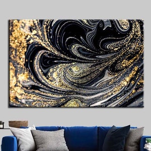 Shimmery Gold Marble Wall Art, Black And Gold Glass Decor, Black And Gold Canvas Decor, Wall Decor, Wall Hanging Art, Luxury Marble Art