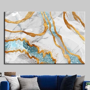Blue Marble Abstract Art Print: Gold Ink Fluid Effect