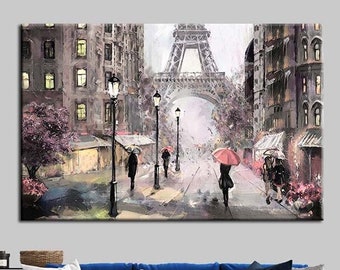 May include: A painting depicting a Parisian street scene with the Eiffel Tower in the background. The street is lined with buildings and trees, and people are walking on the pavement. The painting is executed in a painterly style, with soft colours and brushstrokes.