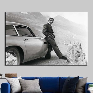 Sean Connery con Aston Martin DB5 Canvas Wall Art, Póster de James Bond, Goldfinger Movie Canvas, Aston Martin Canvas, Sean Connery Glass Art,