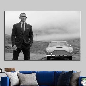 Daniel Craig Canvas, 007 James Bond Retro Art, Bond&#39;s Aston Martin Premium Quality Picture Home Decor, Famous Glass Wall Art, Ready To Hang