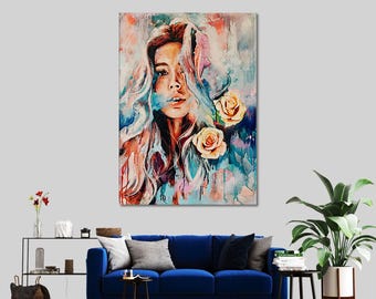 Abstract Woman Oil Painting on Canvas: Boho Portrait Wall Art