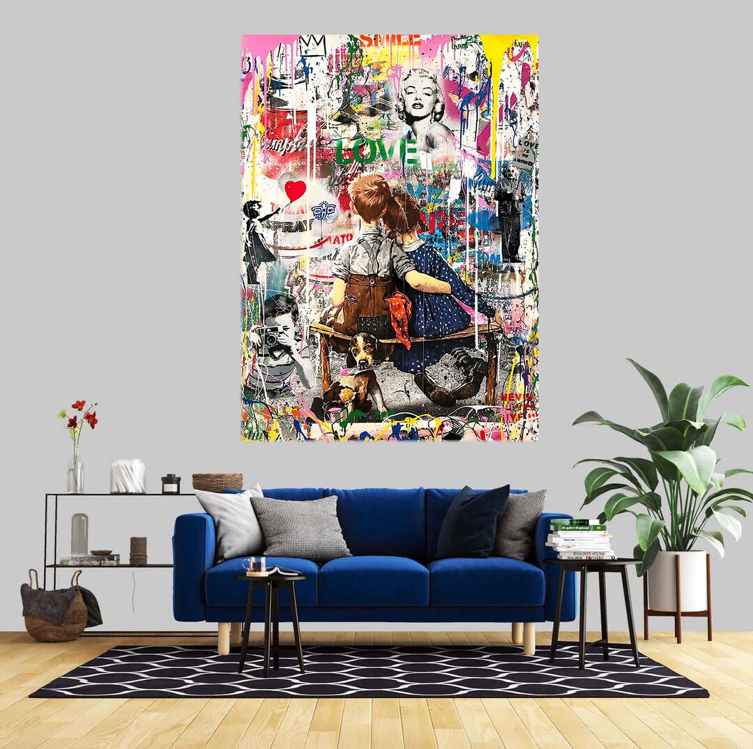 Banksy Two Kids Hugging, Children Wall Art,collage Canvas Art Print