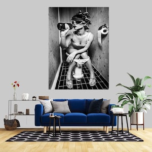 Girl On The Toilet Drinking, Toilet Prints, Toilet Canvas Art, Girl On The Toilet Drinking Glass Art, Toilet And Bathroom Decor, Glass Art
