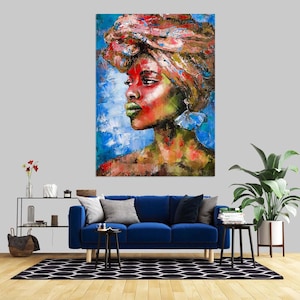 Colorful African Woman Portrait Canvas Art, Modern Afrocentric Wall Decor, Vibrant Headwrap Painting, Ethnic Home Decoration, Unique Gift