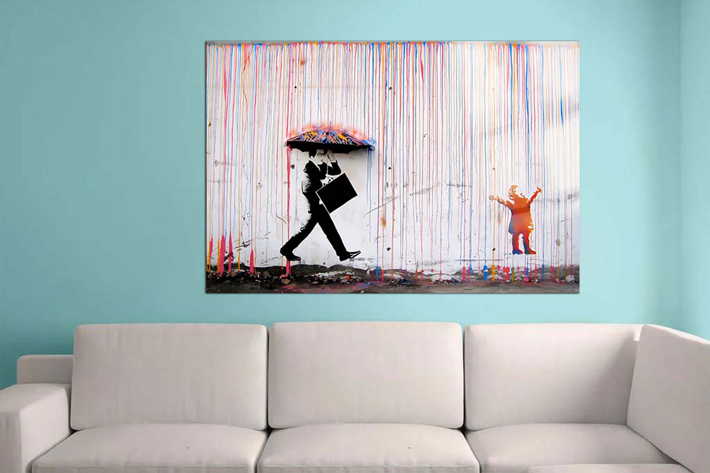 Banksy Art Graffiti Pioggia Colorata Stampe Su Tela Modern Canvas Painting Wall Art Poster E Stampe Per Soggiorno Decor 80x120cm(31x47in) Con Cornice - Foto 9