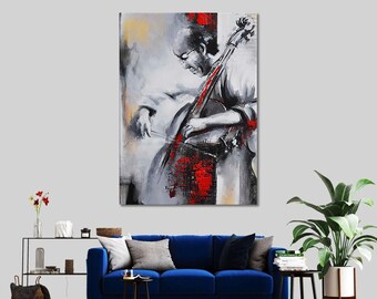 Large Abstract Cellist Oil Painting: Contemporary Wall Art on Canvas