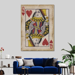 Karta do gry Queen of Hearts, płótno Queen of Hearts, płótno z kartami do gry, wydruk Queen of Hearts, płótno w stylu vintage, sztuka Queen of Hearts