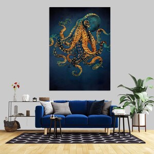 Octopus Canvas Art, Animal Printed, Large Canvas, Trendy Glass Wall Art, Contemporary Wall Art, Gold Framed Canvas, Luxury Wall Decor