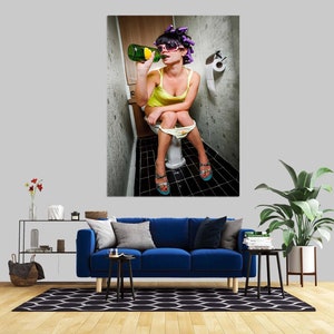 Bathroom Drink Poster, Fashion Toilet Wall Art, Vogue Wall Decor, Woman Wall Art, Ready to Hang Canvas Print, Toilet Glass Art, Canvas Art