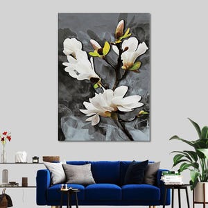 White Flowers Framed Canvas Painting, Flower Canvas Print Art, Floral Artwork, Modern Wall Decor, Wall Hanging, White Rose Magnolia Canvas