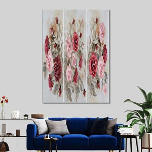 Rosas rojas y rosadas, arte de pared con rosas, póster de rosas, arte de pared con flores, decoración de pared con flores, lienzo con flores, pintura de flores, arte de pared abstracto