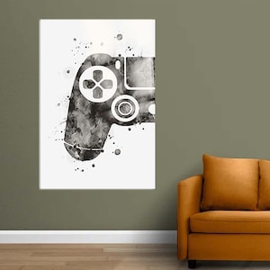 May include: A black and white watercolor illustration of a video game controller on a white background.