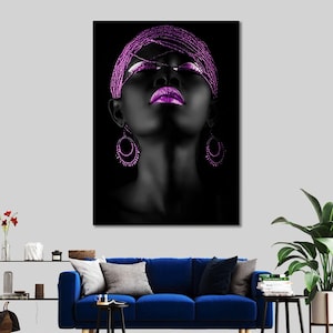 African Woman Canvas Art: Shimmery Purple Lips, Ethnic Artwork