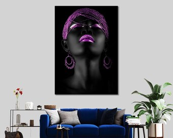 African Woman Canvas Art: Shimmery Purple Lips, Ethnic Artwork
