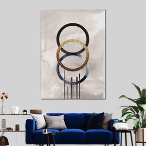 Large Abstract Circle Canvas Art: Black, Gold, Geometric, Textured
