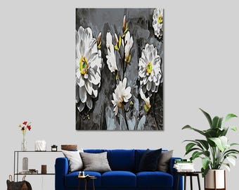Weiße Blumen Leinwand Kunst: Modernes botanisches Wohndekor, gerahmt / ungerahmt