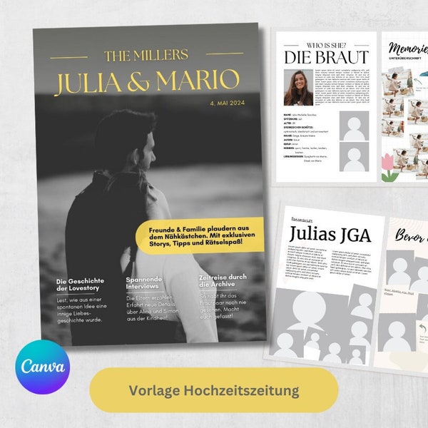 24 páginas de periódico de bodas como plantilla Canva, periódico de bodas personalizado, plantilla alemana para impresión, diseño digital