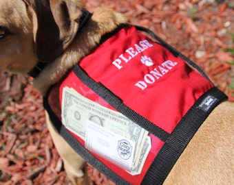 PLEASE DONATE Fundraising Dog Vest with large clear pockets for donations, Choose size and color, fund raising vest, animal rescue, adoption