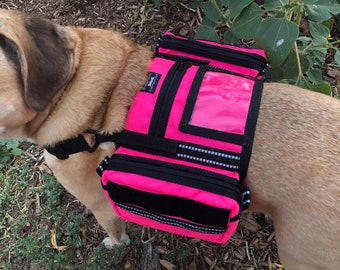 Hot Pink Saddlebags with matching removable conversion strap, Backpack for a dog harness, Working, Hiking, Rucksack with extra clear pocket