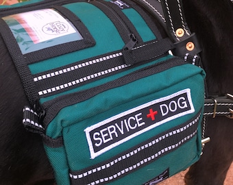 Teal Saddlebags with Service Dog patches + ID pocket for dog harness, Backpack vest for a harness, harness not included