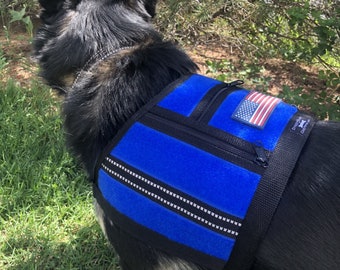 Freedom vest, tactical no sew loop dog vest, no fuss dog vest, working, training, jogging, hiking, vest size medium, easy on and off, blue