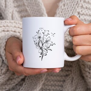 Simple Black White Floral Ceramic Mug, Floral Mug, Black White Coffee Mug, Floral Flower Mug, Black and White Floral Mug, 11oz & 15 oz