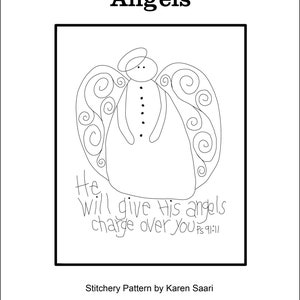 Op de afbeelding: Zwart-witte lijntekening van een engel met een halo en vleugels. De tekst "He will give His angels charge over you Ps 91:11" staat onder de engel. Borduurpatroon van Karen Saari.
