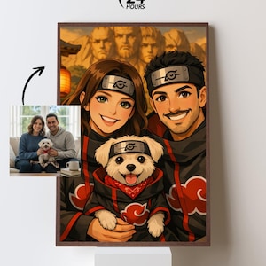 May include: A framed digital portrait featuring a couple and a dog in anime style, dressed in black cloaks with red cloud designs. The background shows a mountain range. A smaller photo of the couple with the dog is in the corner. The text "24 HOURS" is at the top.