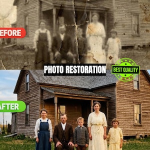 以下が含まれることがあります： 写真修復を示す画像。上半分は「BEFORE」とラベルされた、損傷した色あせた白黒写真を表示しています。下半分は「AFTER」とラベルされた、修復されたカラーバージョンを示しています。「PHOTO RESTORATION」のテキストが中央に配置され、「BEST QUALITY」のシールが付いています。