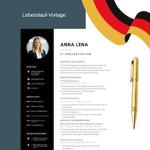 May include: A resume template with the name "ANNA LENA" and the title "IT-PROJECT MANAGER". The document includes contact information, skills, professional profile, and education. A gold pen is on the right side of the document.