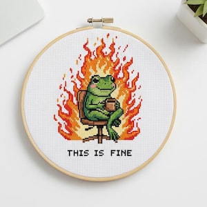 Funny This Is Fine Cross Stitch Pattern, Frog Meme Embroidery PDF, Digital Needlework Download