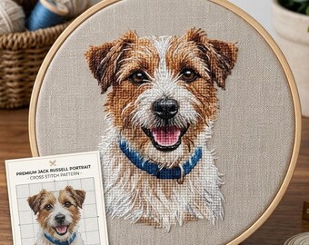 May include: A Jack Russell Terrier portrait cross-stitch pattern displayed in a wooden embroidery hoop. The dog has brown and white fur, a blue collar, and a happy expression. A smaller version of the pattern is shown on a card.
