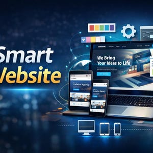 May include: Digital illustration of a laptop, smartphones, and a desktop monitor, showcasing a website design concept. The text "Smart Website" is displayed prominently. The laptop screen displays the text "We Bring Your Ideas to Life."